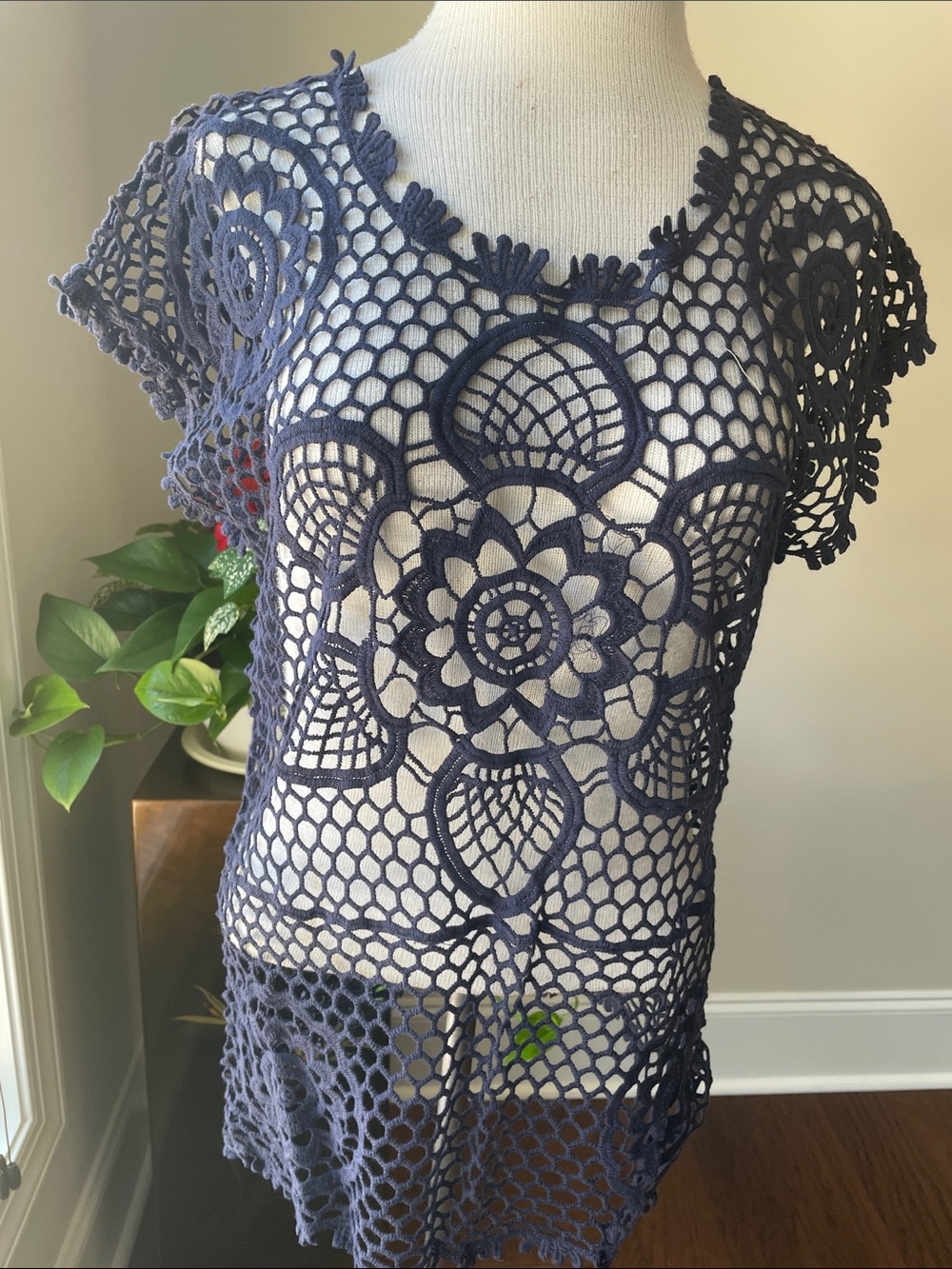 Navy Crochet Floral Swim Cover-Up Tunic